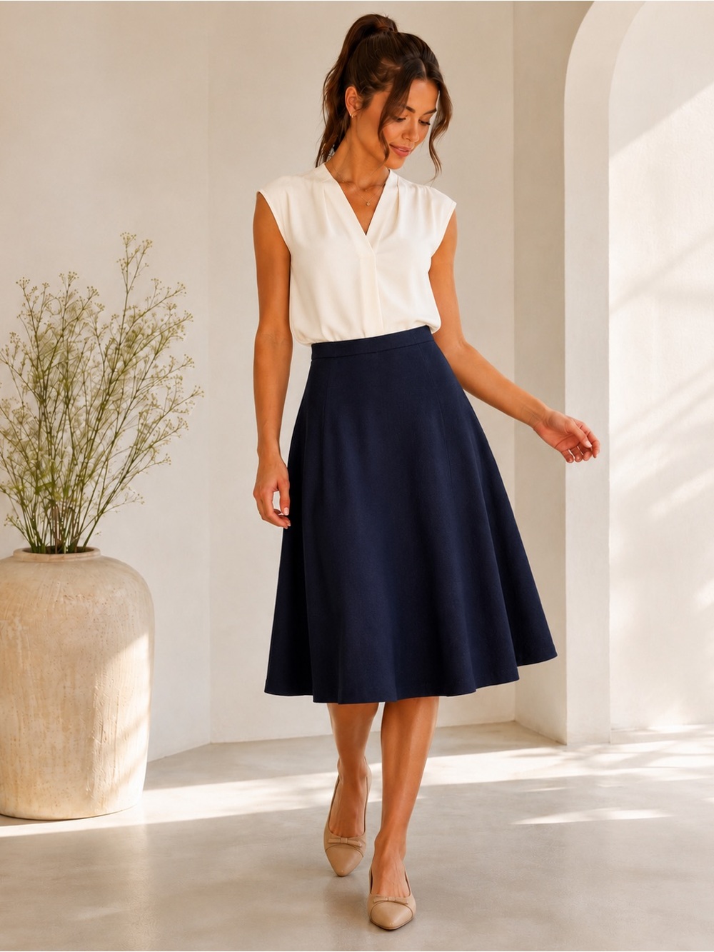 Sis Sis Navy Blue A-Line Midi Skirt Textured Fabric Business Casual Size Small